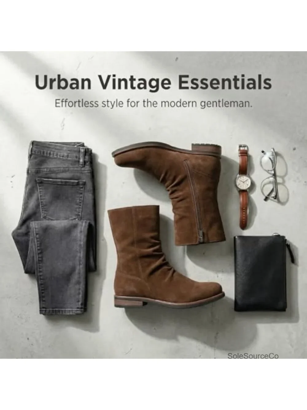 Men's Suede-Look Slouch Zip Mid-Calf Boot Rounded Toe Low Stacked Heel